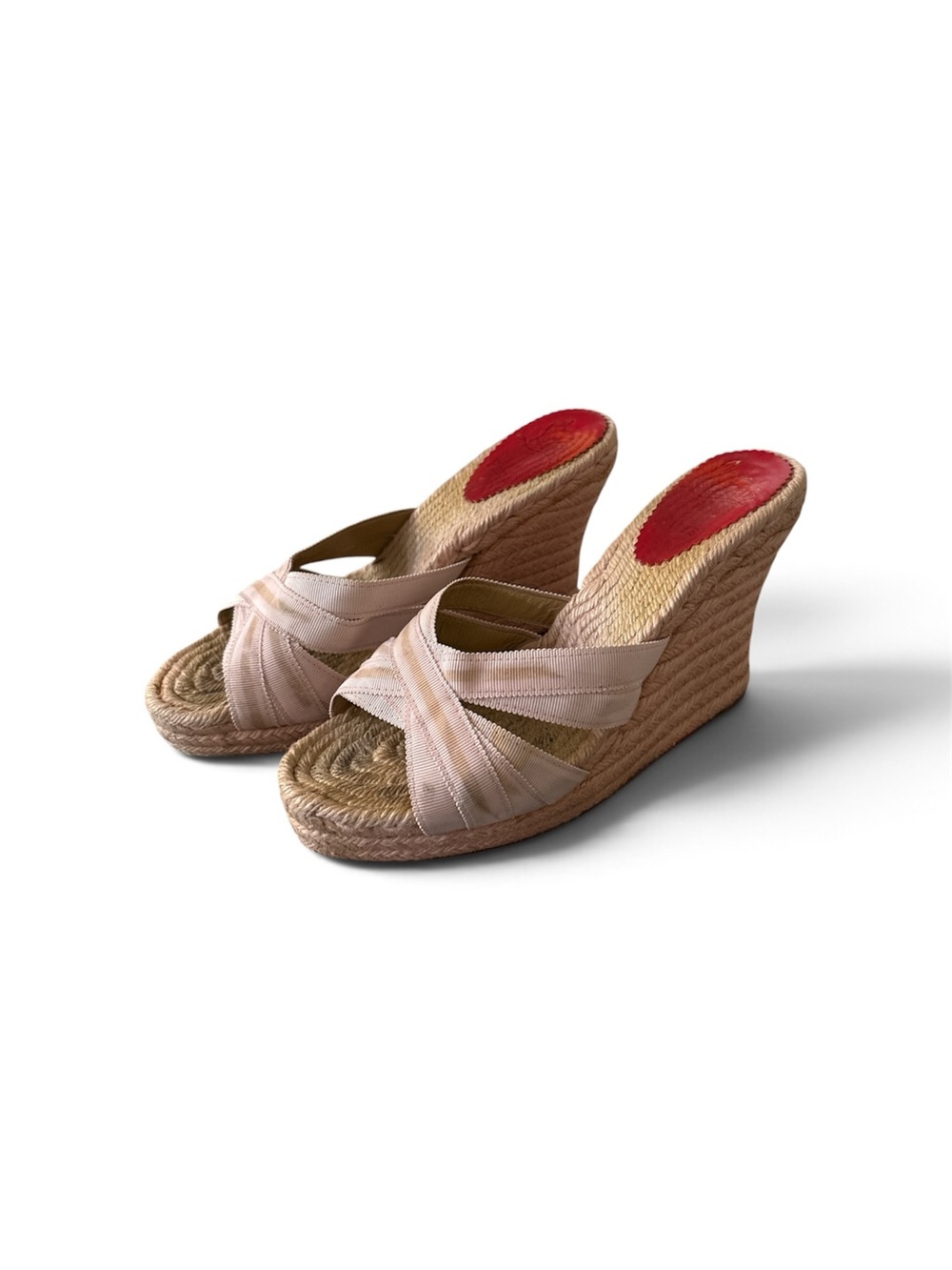 Christian Louboutin Blush Pink Rope Wedge Mules with Red Insole